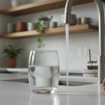 Glass of tap water on a kitchen counter near a faucet