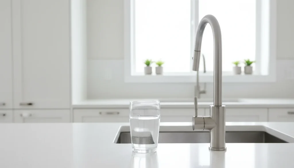 Glass of tap water beside a kitchen faucet