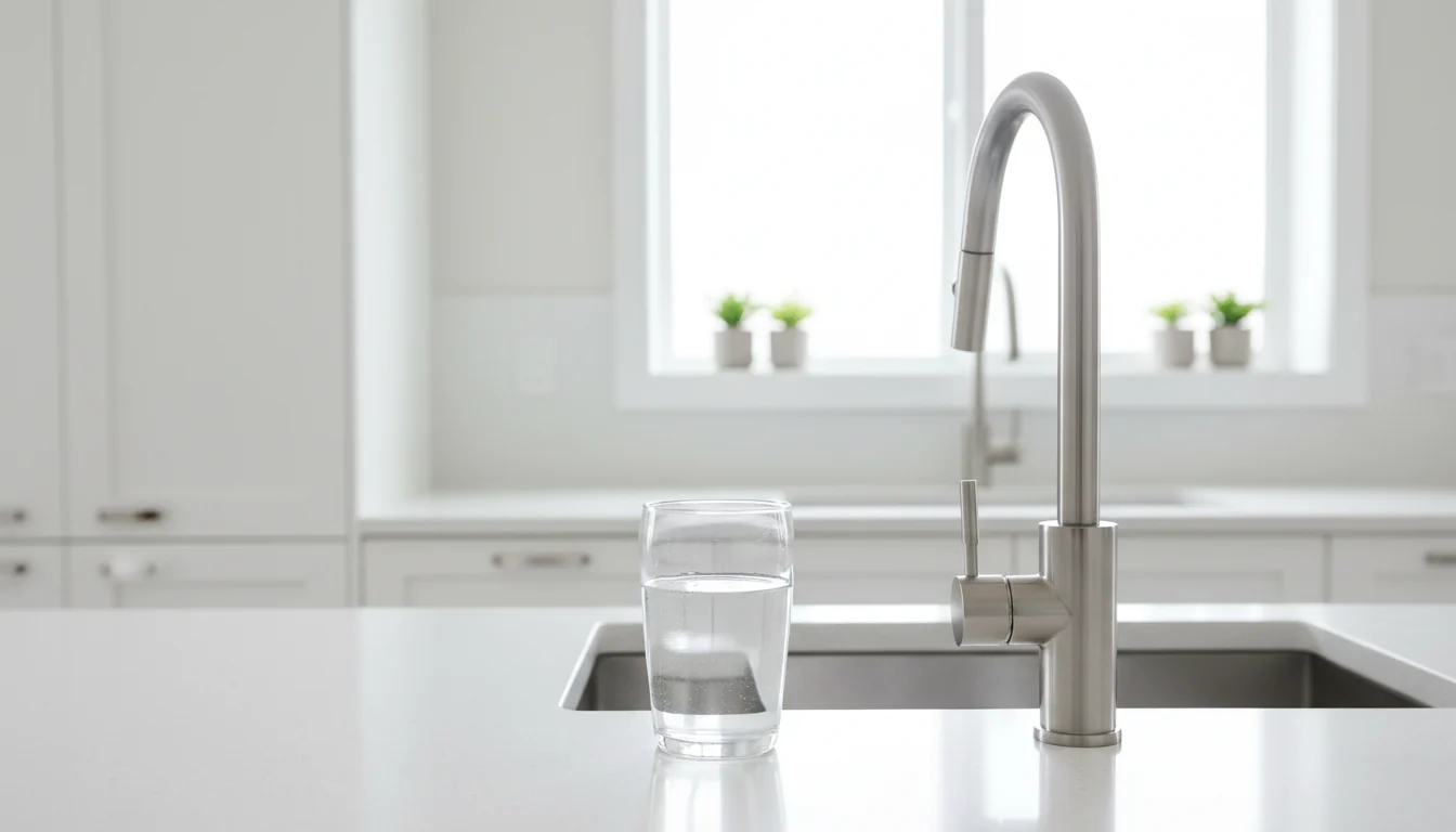 Glass of tap water beside a kitchen faucet