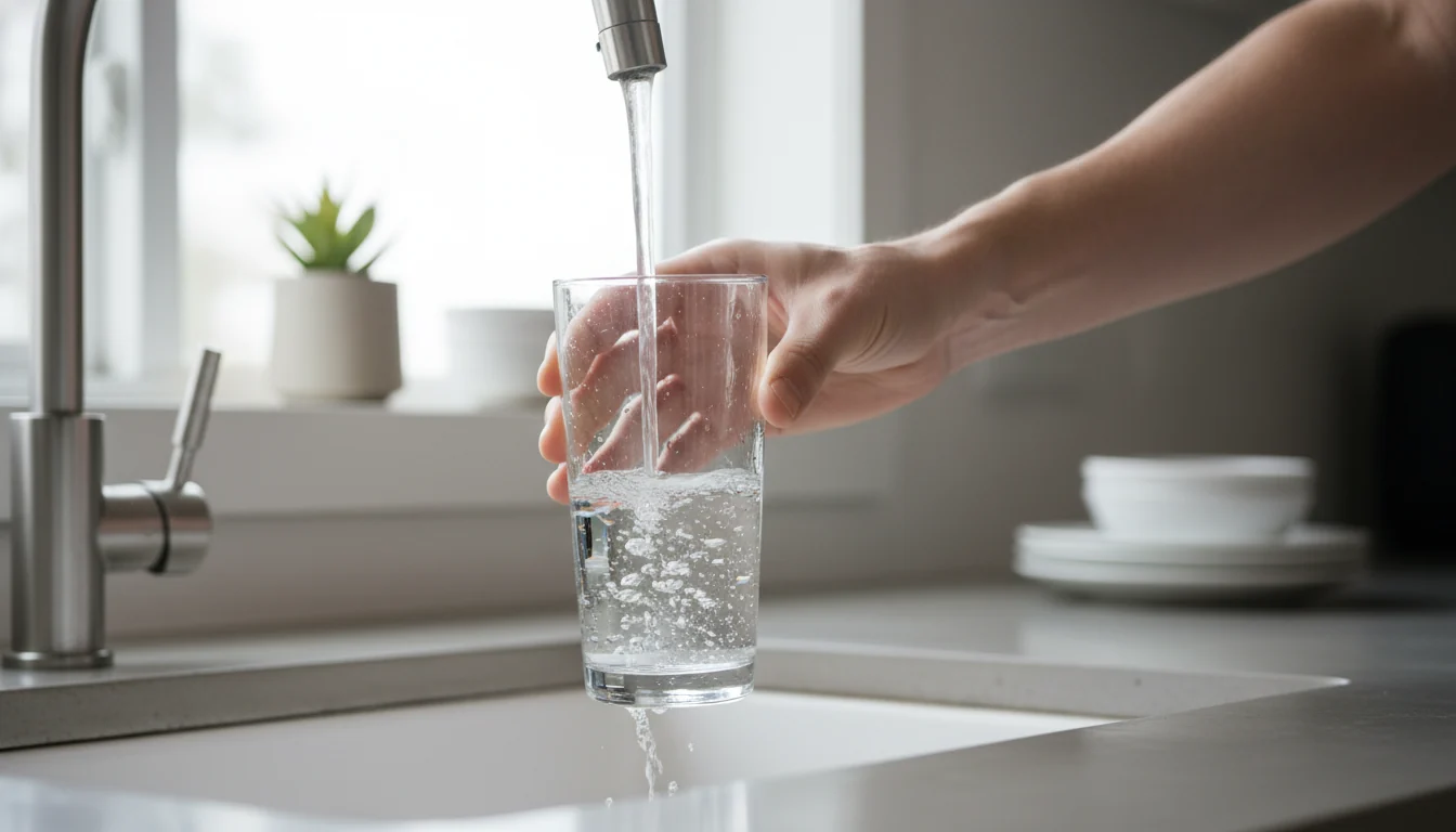 Cold tap water being filled into a clear glass for testing