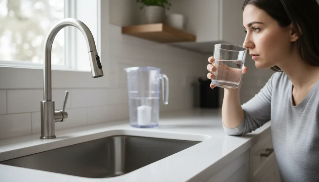 Homeowner checking tap water odor in a glass