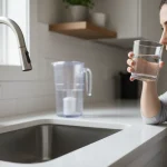 Homeowner checking tap water odor in a glass
