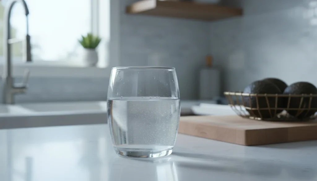 Cloudy tap water in a clear glass on a kitchen counter