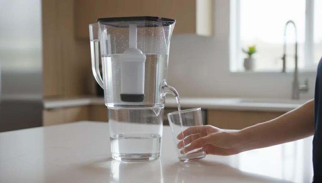 Slow water filter pitcher dripping on kitchen counter