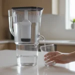 Slow water filter pitcher dripping on kitchen counter
