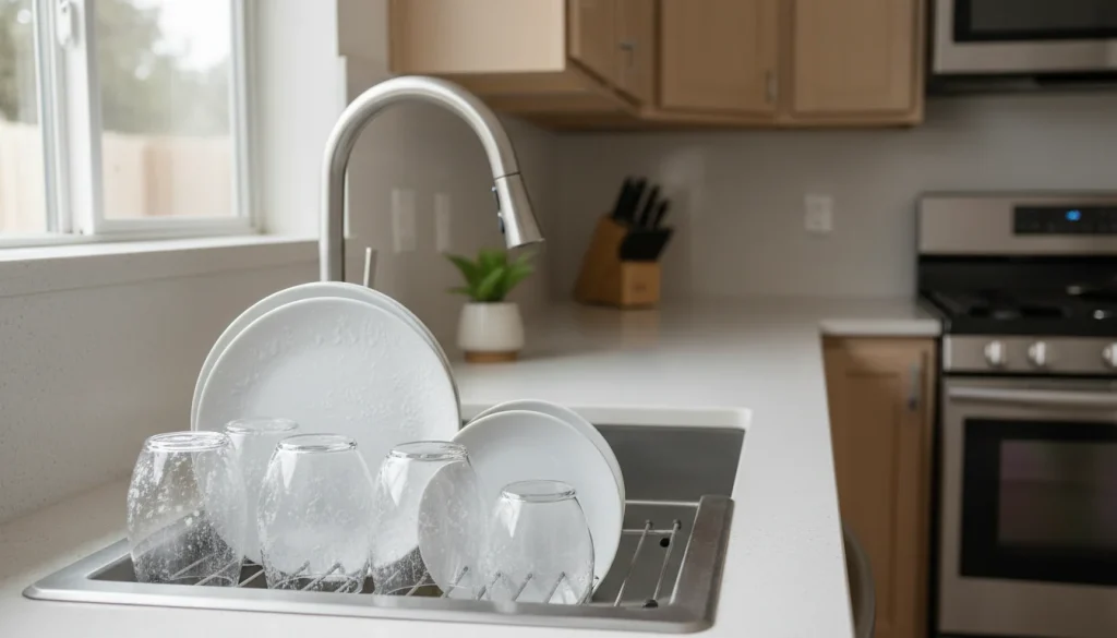 White film on glasses and dishes after washing
