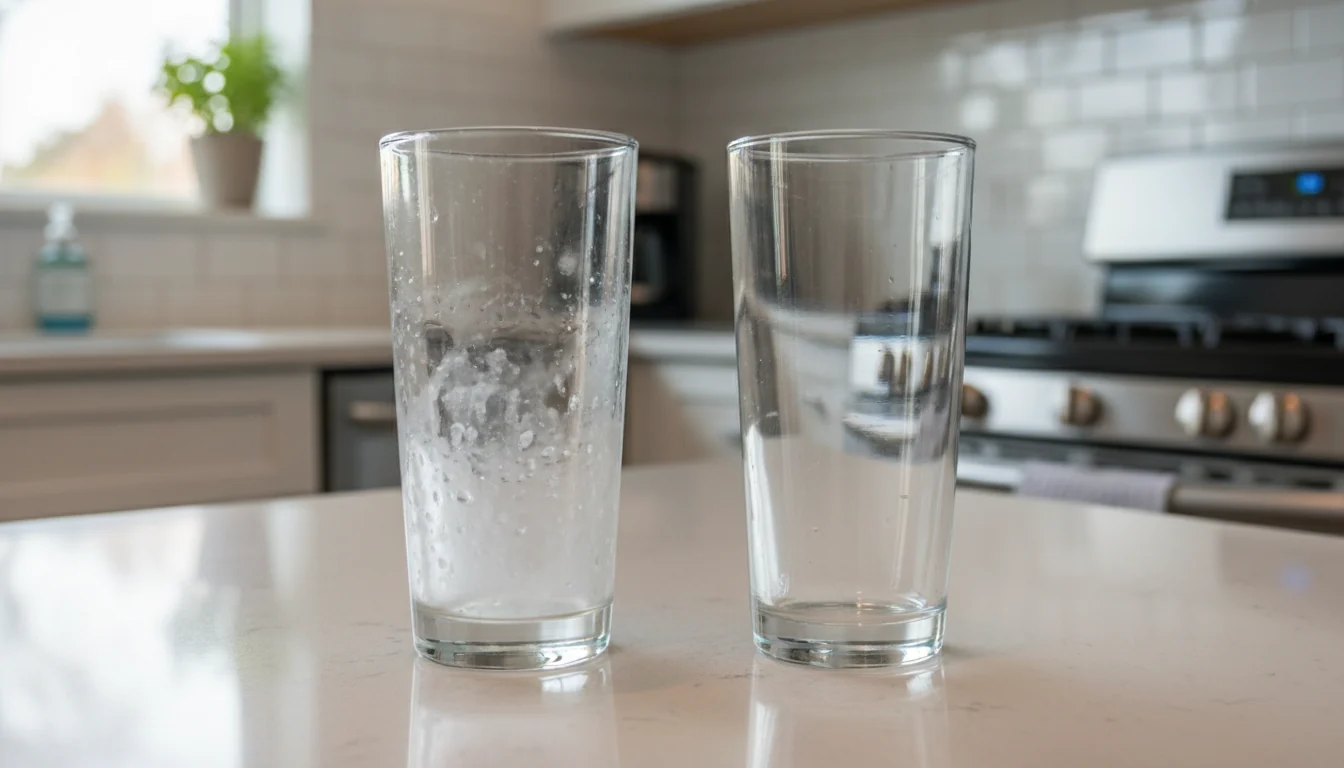 Cloudy glass compared with clear glass after removing white film