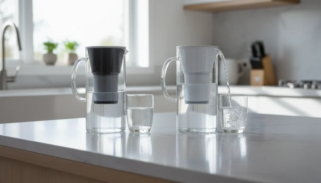 Two water filter pitchers compared on a kitchen counter
