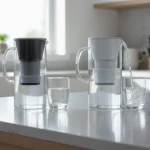 Two water filter pitchers compared on a kitchen counter