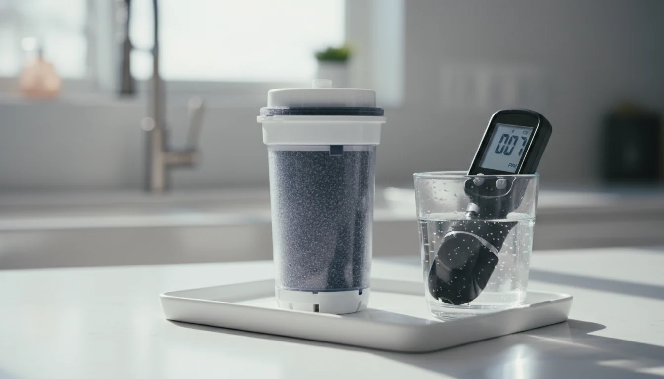 Water filter pitcher cartridge and TDS meter near a glass of water