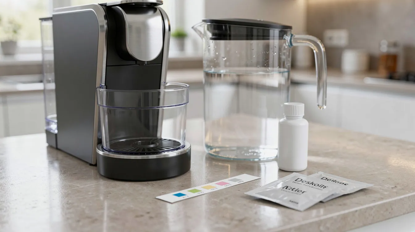 coffee machine water filter and descaling setup on kitchen counter