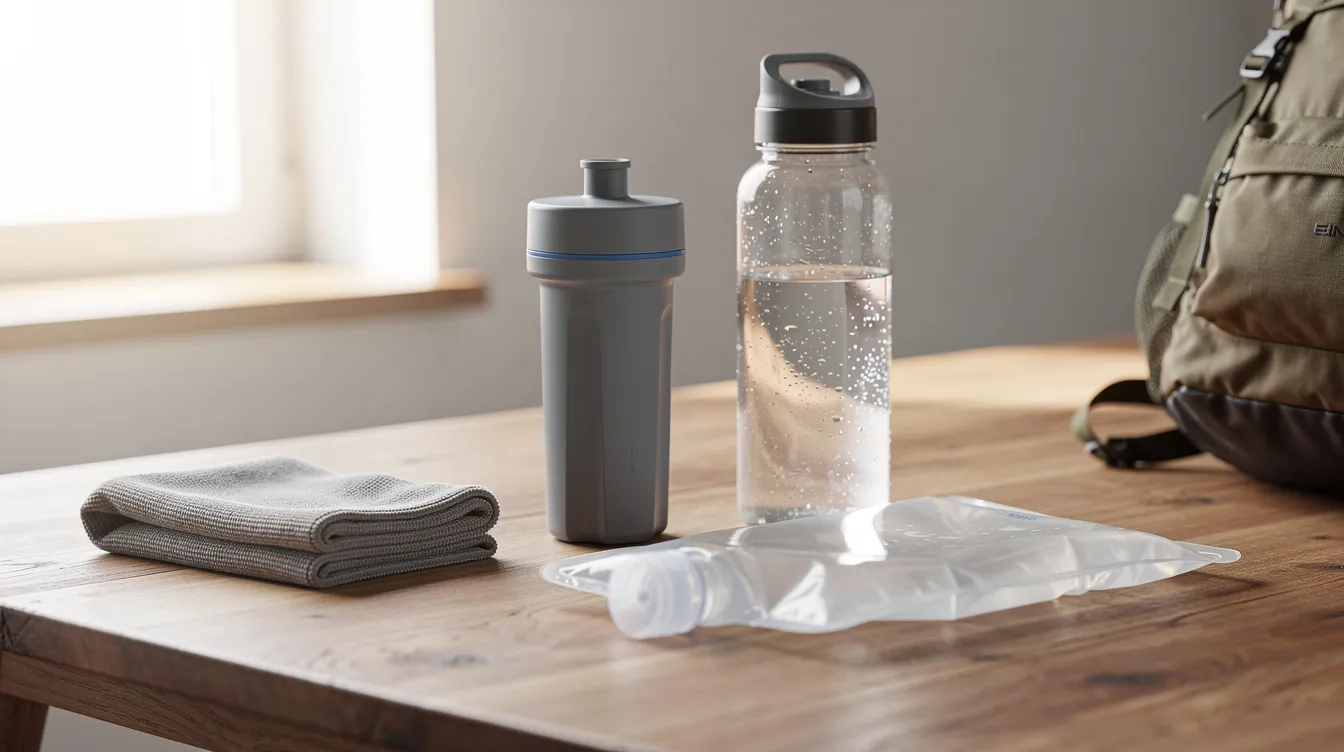 portable water filter kit with refillable bottle and clean travel water setup