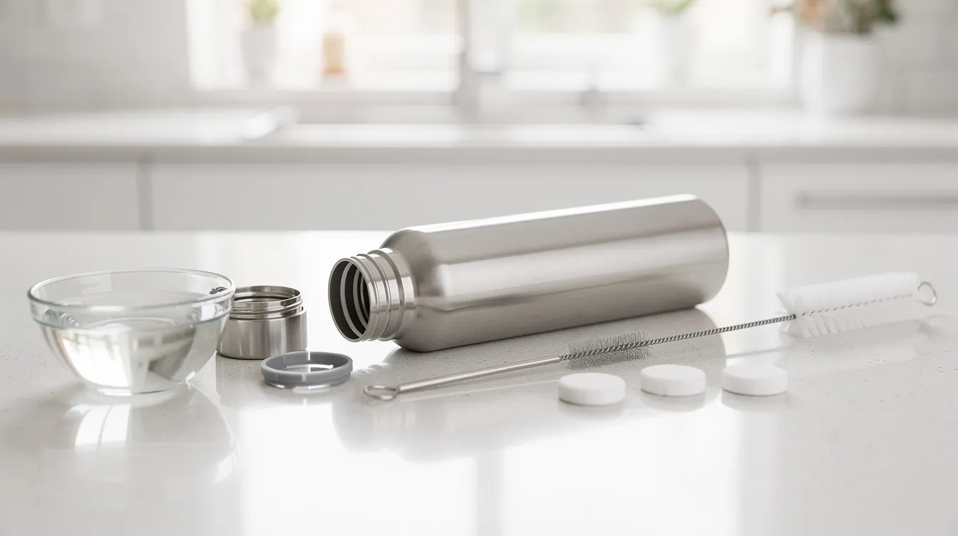 sanitize a moldy reusable bottle with brushes and cleaning tablets