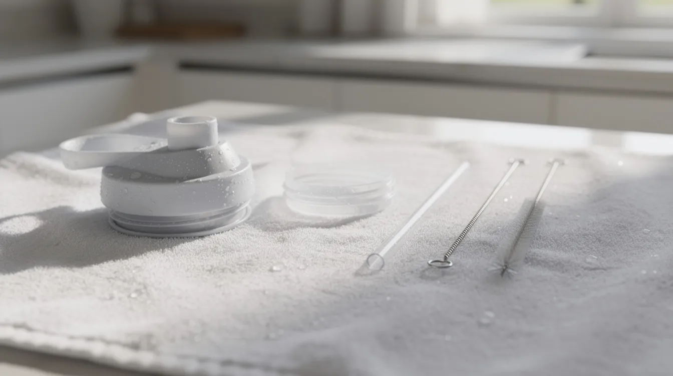 reusable bottle lid gasket cleaning with bottle brush and safe cleaning supplies