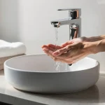 washing your face with filtered water in a clean bathroom sink