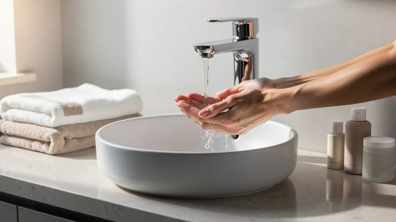 washing your face with filtered water in a clean bathroom sink